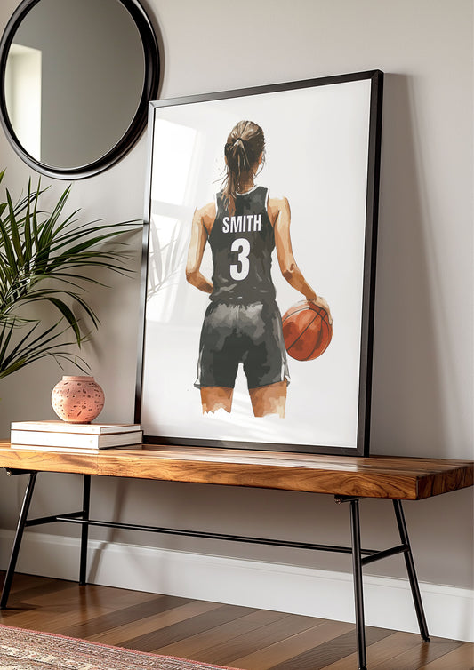 Personalised Black Watercolour Girl Basketball Print