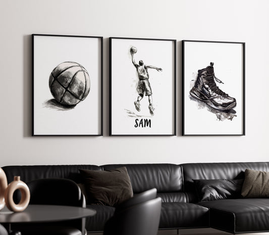 Set of 3 Personalised Black Basketball Wall Art