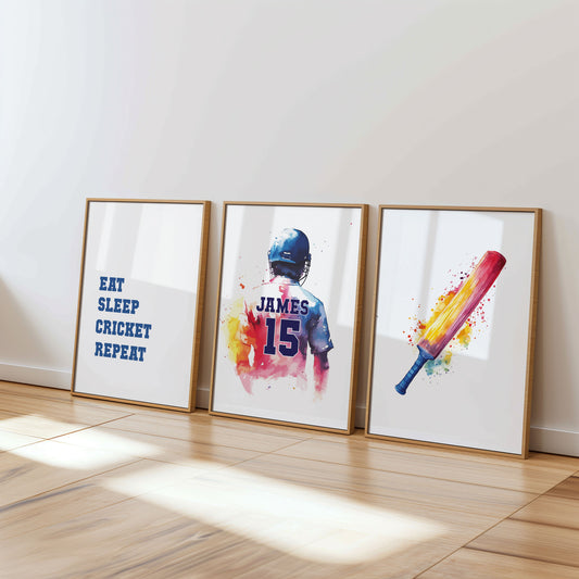 Personalised Watercolour Cricket Player Print Set