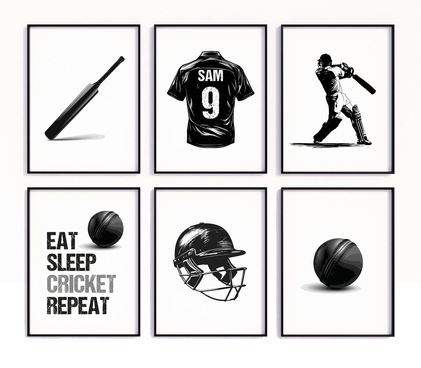 Personalised Set of 6 Black And White Cricket Set