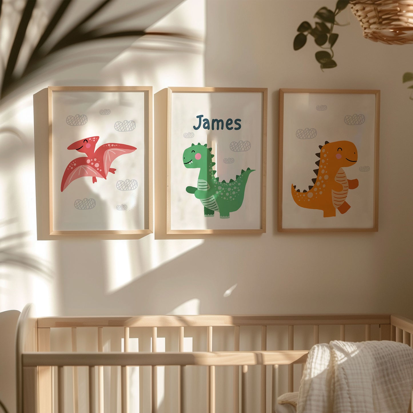 Set of 3 Dinosaur Posters Personalised Nursery Wall Art