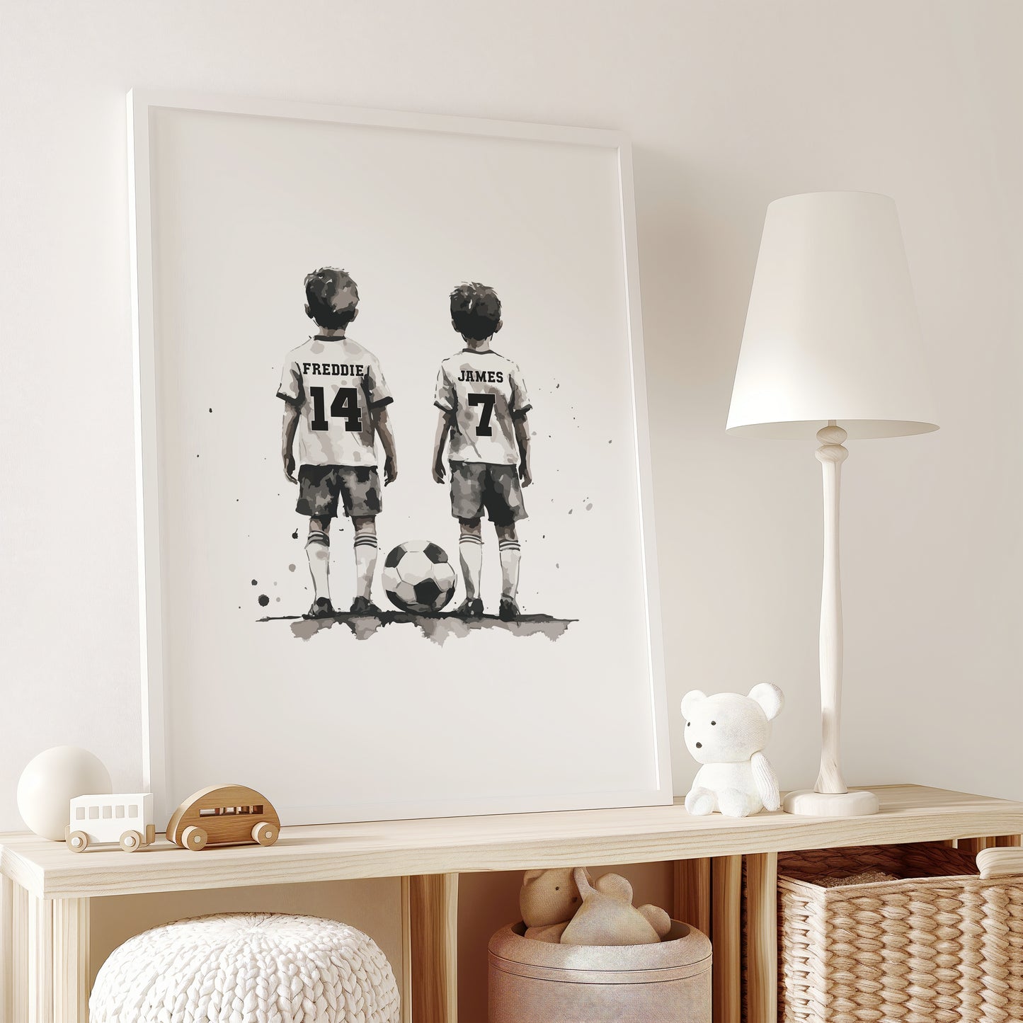 Personalised Football Wall Print, Football Prints Of 2 Boys, Boys Bedroom Decor, Kid Bedroom Football Decor, Football Shirt Name Print