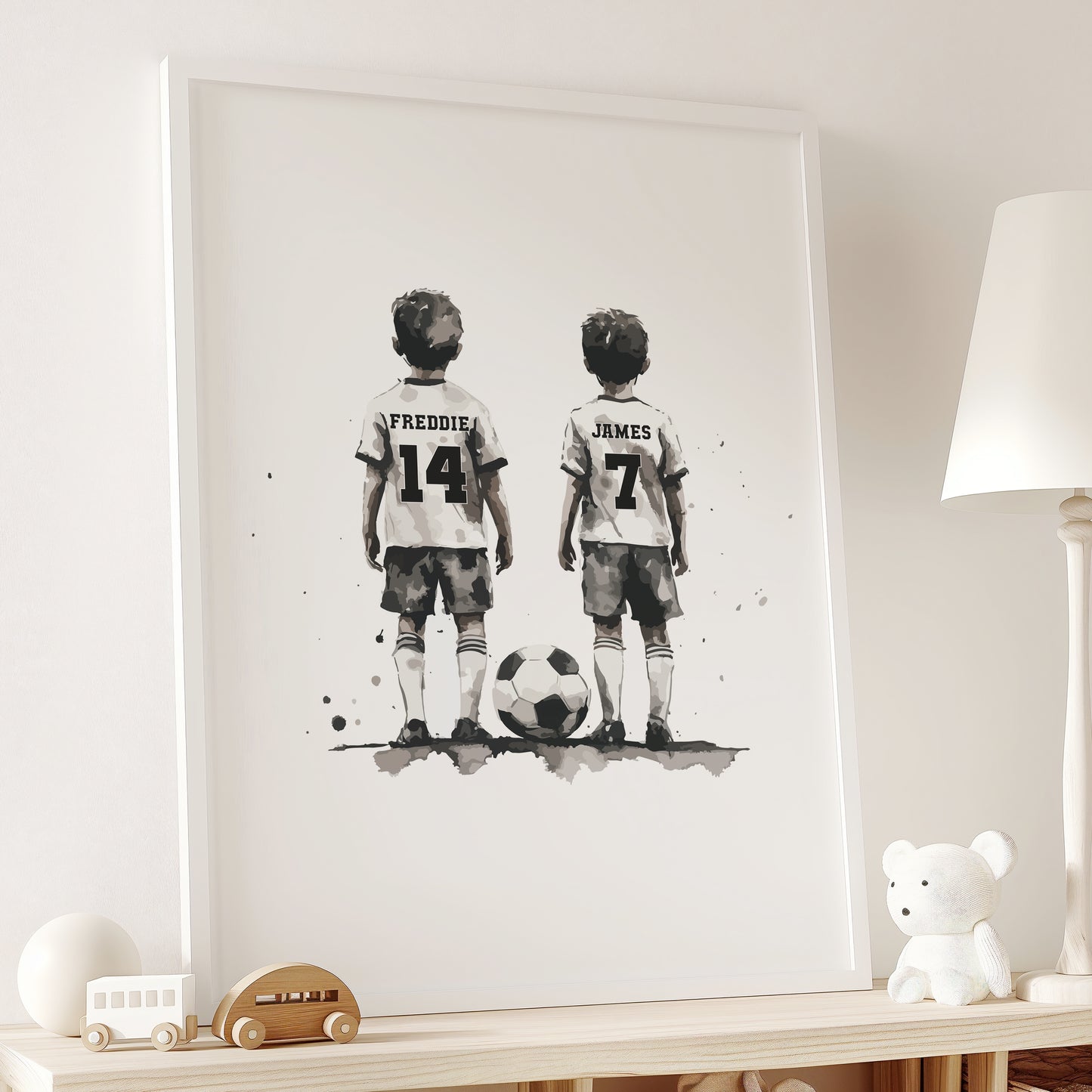 Personalised Football Wall Print, Football Prints Of 2 Boys, Boys Bedroom Decor, Kid Bedroom Football Decor, Football Shirt Name Print