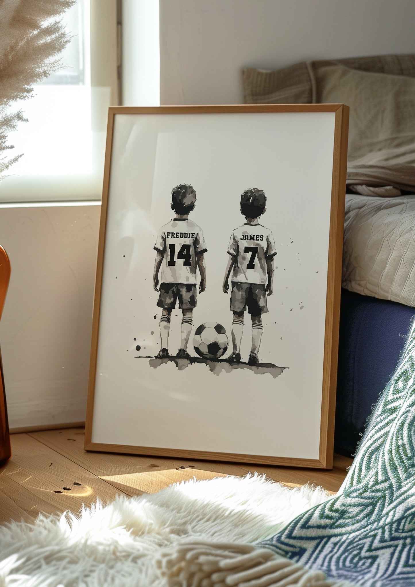 Personalised Football Wall Print, Football Prints Of 2 Boys, Boys Bedroom Decor, Kid Bedroom Football Decor, Football Shirt Name Print