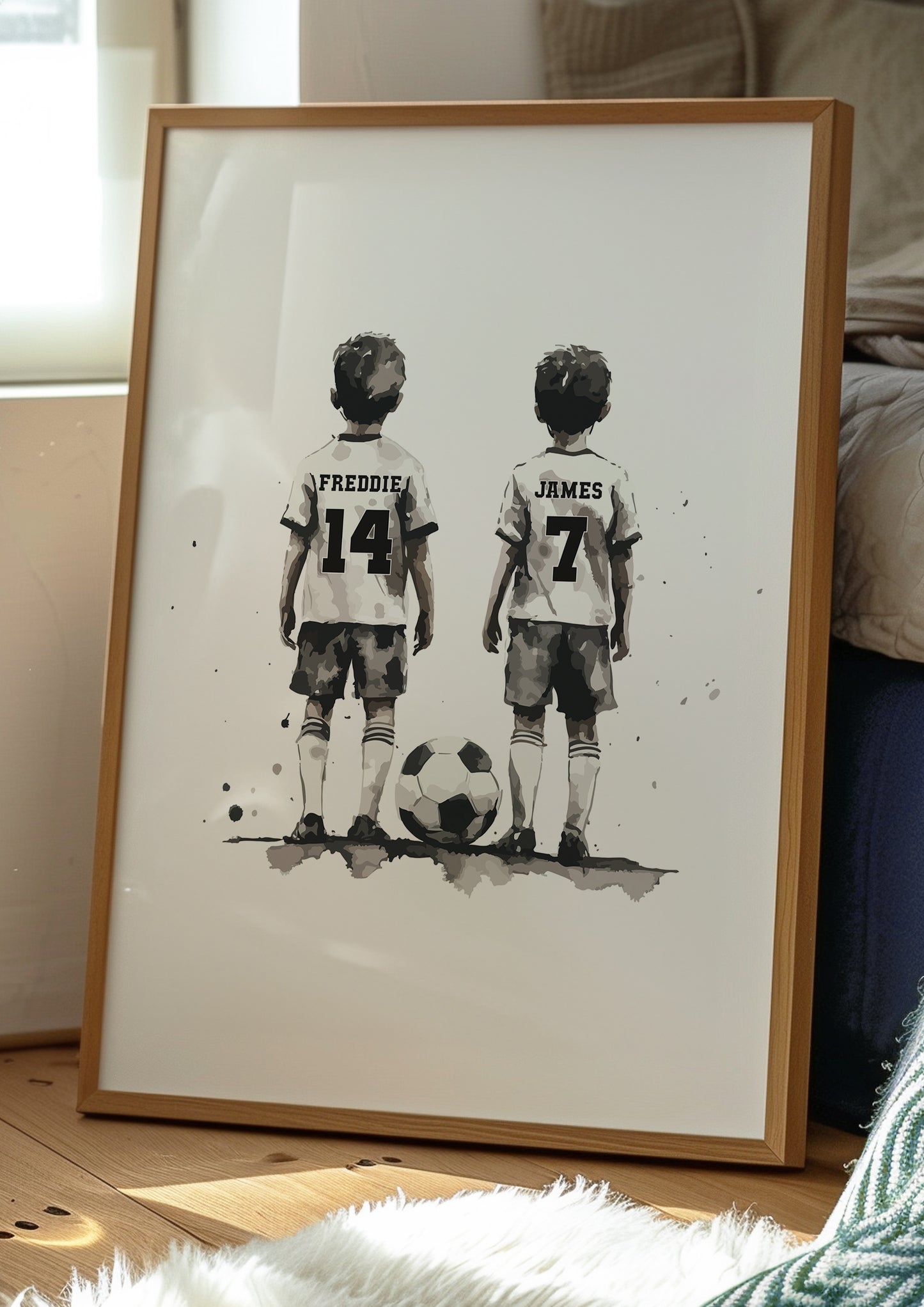 Personalised Football Wall Print, Football Prints Of 2 Boys, Boys Bedroom Decor, Kid Bedroom Football Decor, Football Shirt Name Print