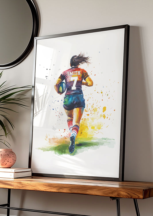 Girls Rugby Art Print, Female Rugby Player, Rugby Gift for Girls, Rugby Gift, Personalised Rugby Wall Art, Girls Bedroom Print,Daughter Gift