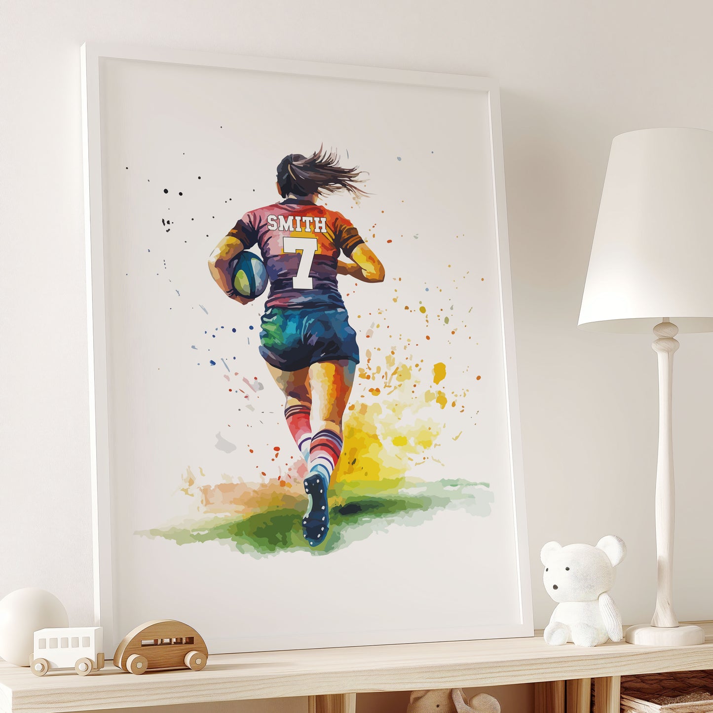 Girls Rugby Art Print, Female Rugby Player, Rugby Gift for Girls, Rugby Gift, Personalised Rugby Wall Art, Girls Bedroom Print,Daughter Gift