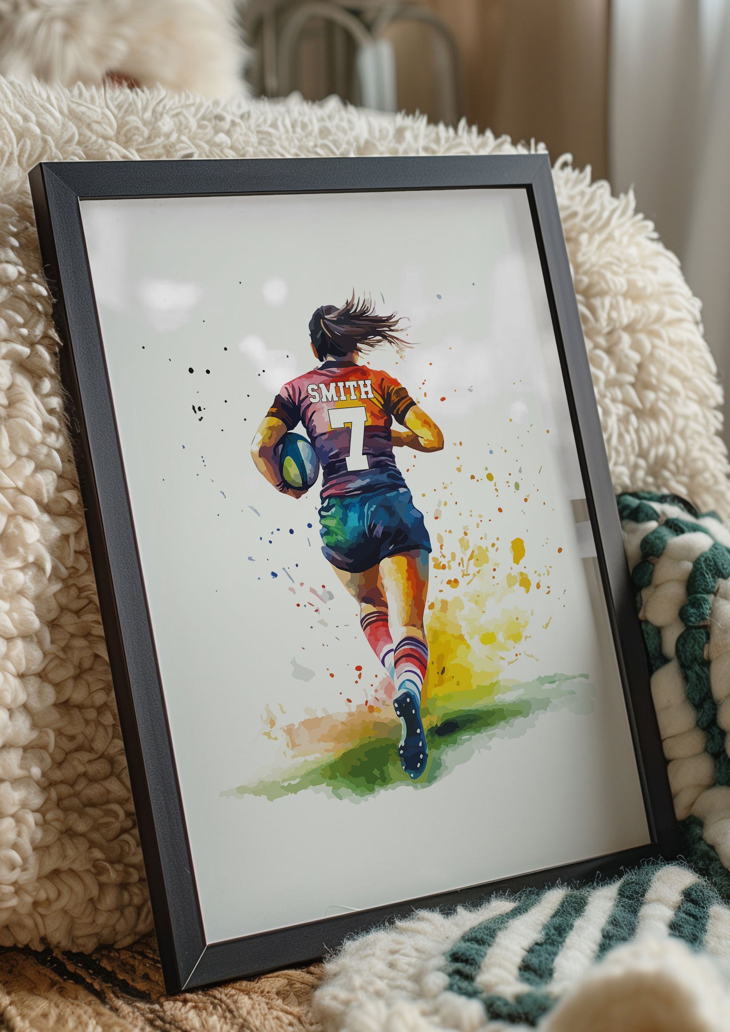 Girls Rugby Art Print, Female Rugby Player, Rugby Gift for Girls, Rugby Gift, Personalised Rugby Wall Art, Girls Bedroom Print,Daughter Gift