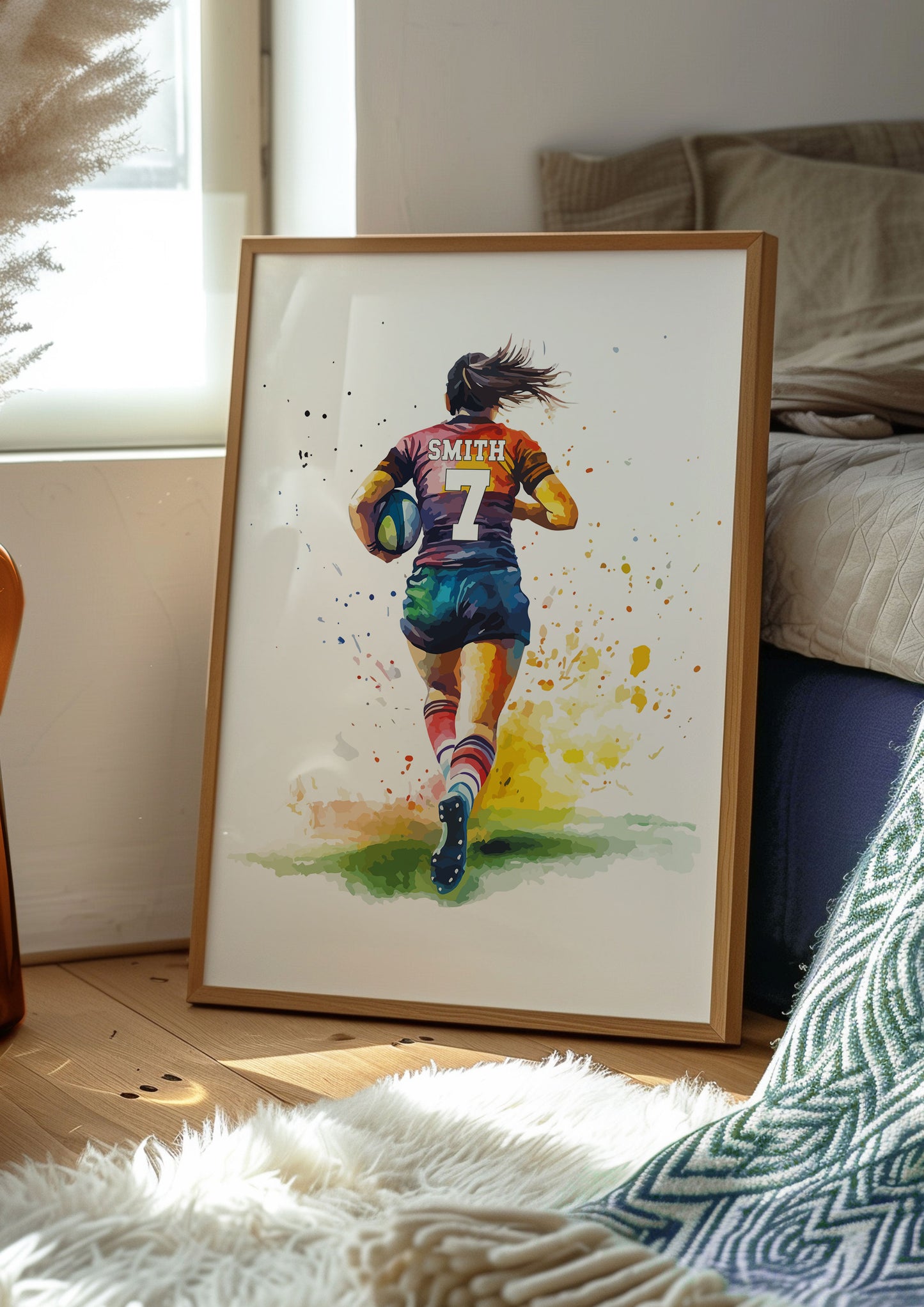 Girls Rugby Art Print, Female Rugby Player, Rugby Gift for Girls, Rugby Gift, Personalised Rugby Wall Art, Girls Bedroom Print,Daughter Gift