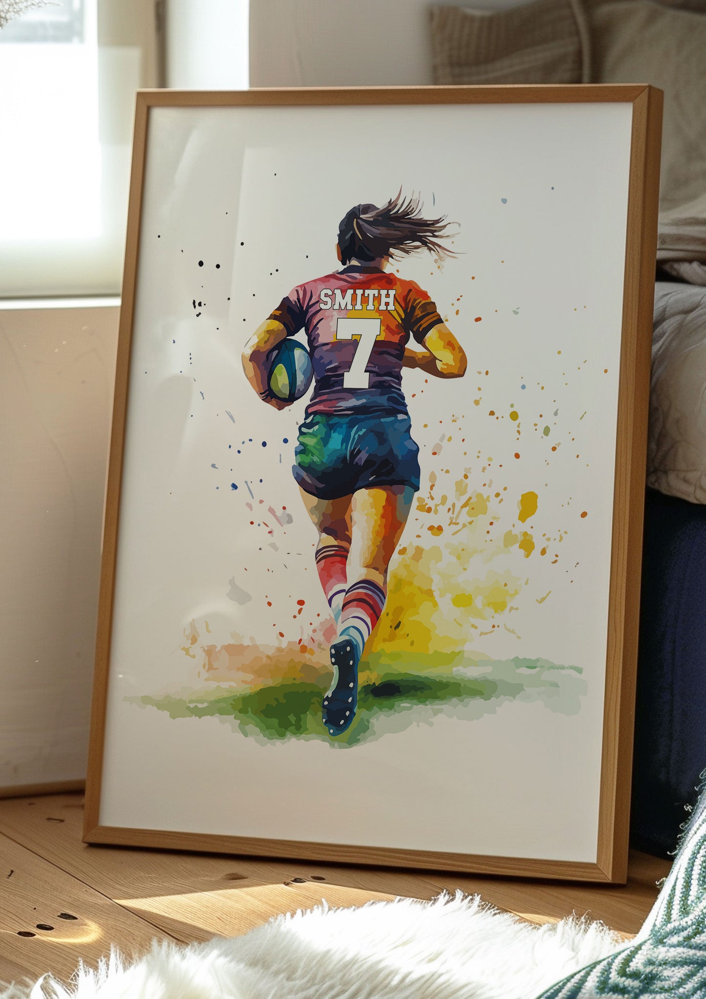 Girls Rugby Art Print, Female Rugby Player, Rugby Gift for Girls, Rugby Gift, Personalised Rugby Wall Art, Girls Bedroom Print,Daughter Gift