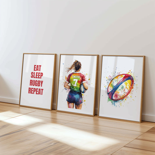 Personalised Girls Rugby Print, Female Rugby Player, Rugby Gifts for Girls, Rugby Gift, Rugby Wall Art, Girls Bedroom Prints, Rugby Print