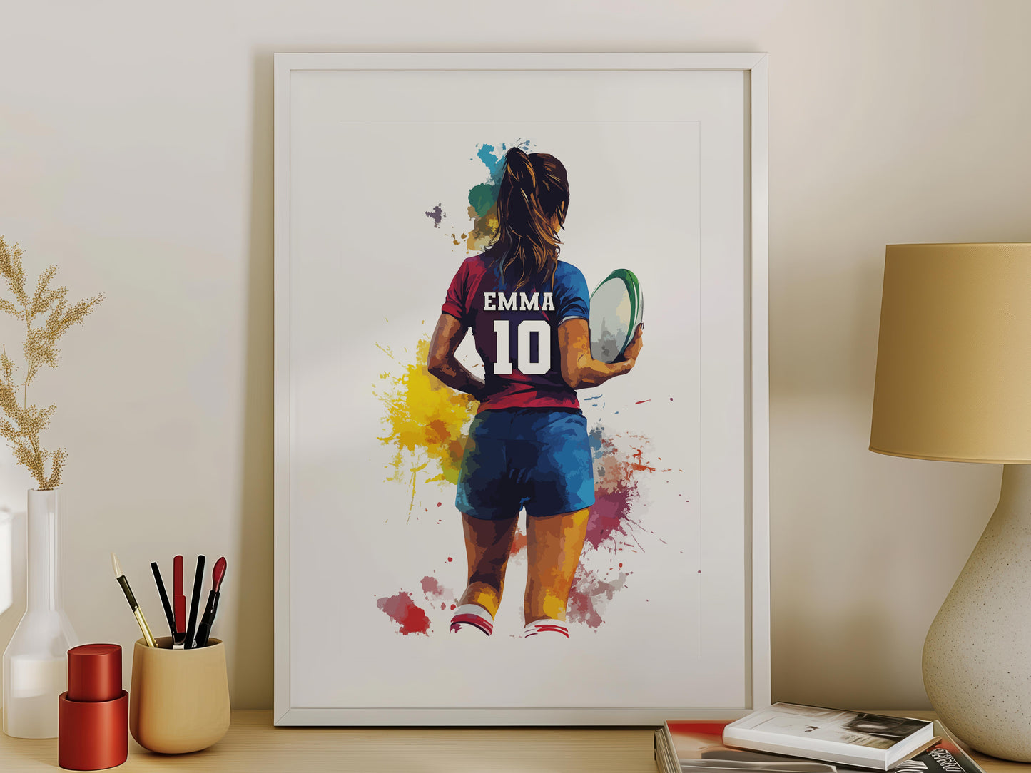 Personalised Watercolour Girls Rugby Print