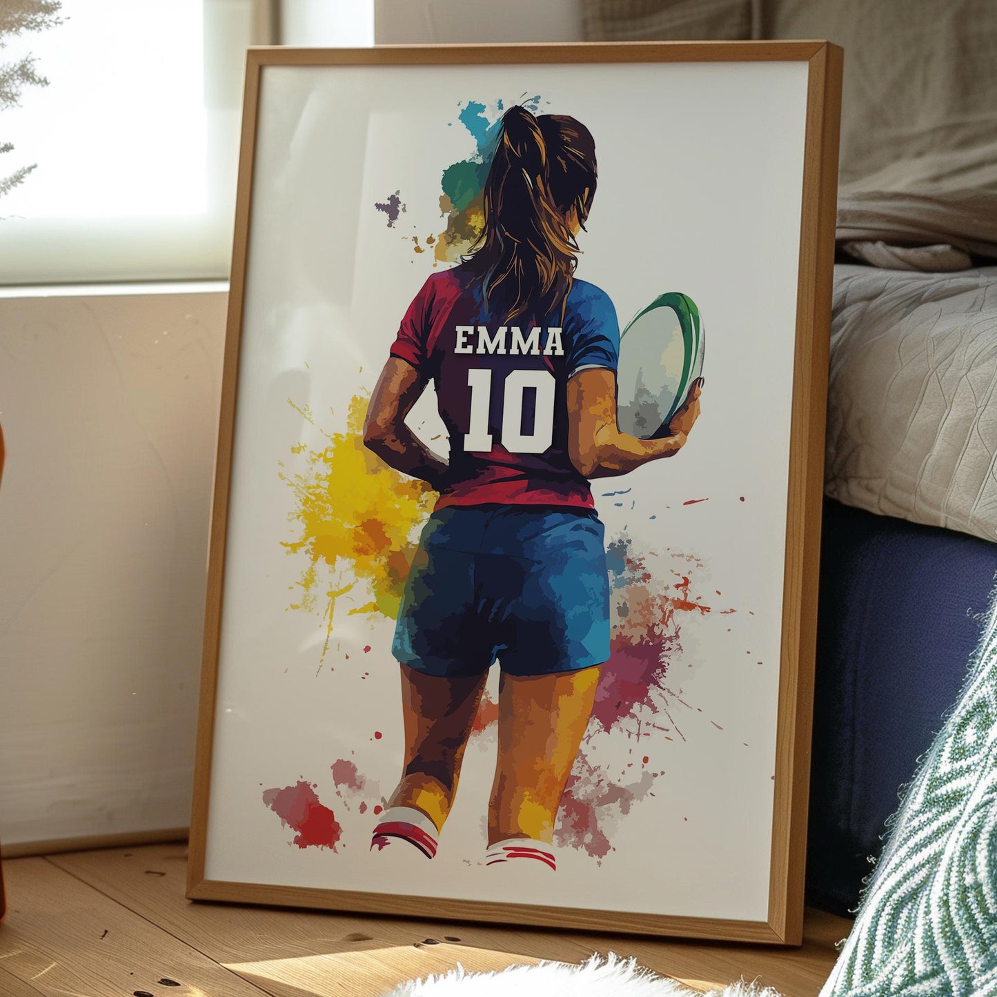 Personalised Watercolour Girls Rugby Print