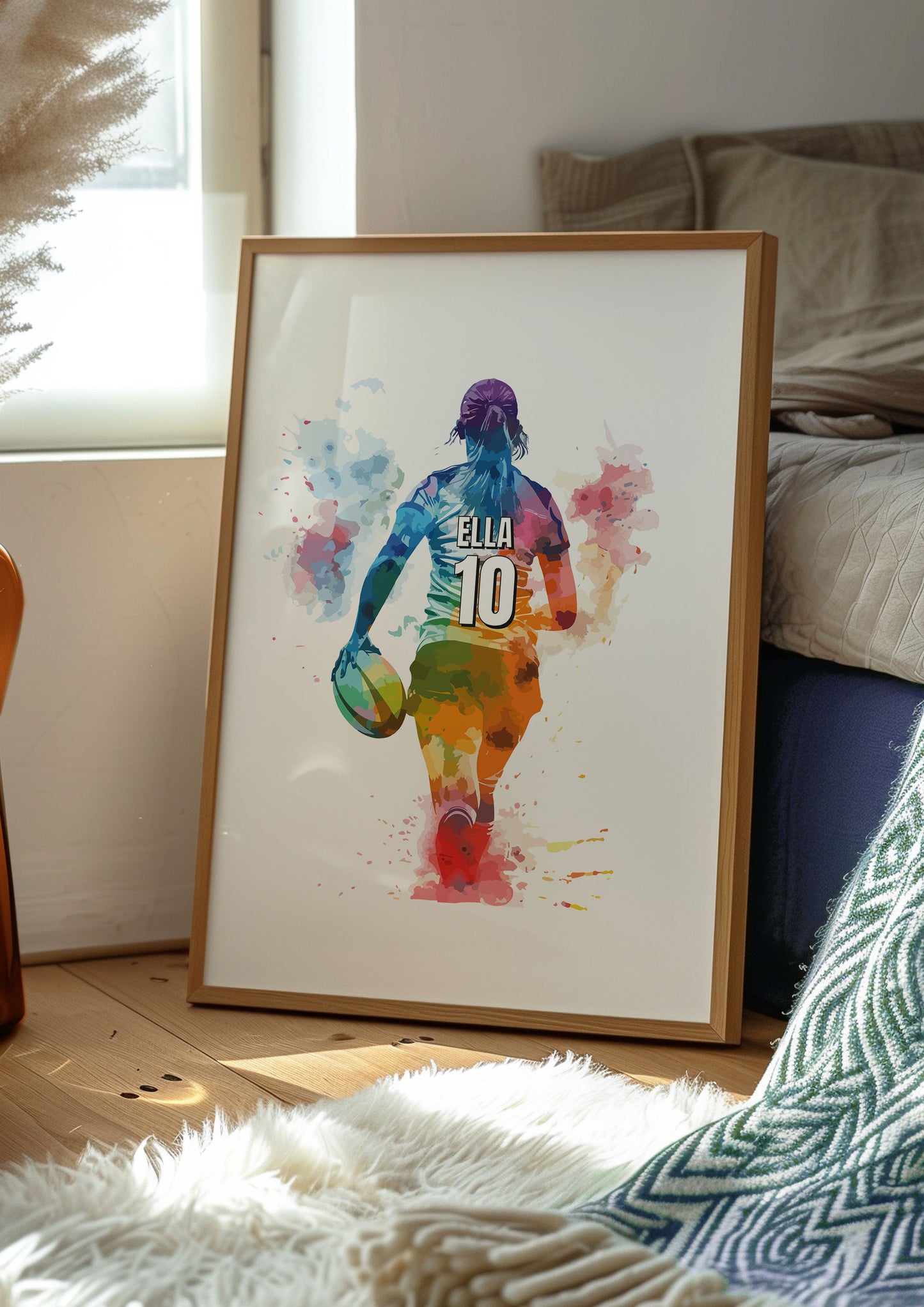 Personalised Girls Rugby Art Print, Female Rugby Player, Rugby Gifts for Girls, Rugby Gift, Rugby Wall Art, Girls Bedroom Prints,Sport Print