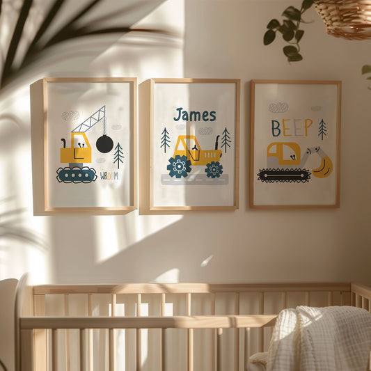 Personalised Set of 3 Vehicle Nursery Prints Tractor Print