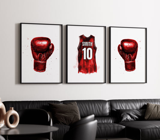 Boxing Prints, Boys Bedroom Decor, Boxing Wall Art, Personalised Boxing Posters, Gift For Boxer, Boxer Gift, ALL KIT COLOURS, Boxing Set