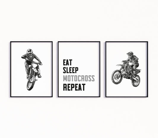 Motocross Prints Set of 3 Motocross Wall Art, Dirt Bike Wall Art, Motorbike Prints, Boys Bedroom Decor, Biker Wall Art, Motorcycle Art