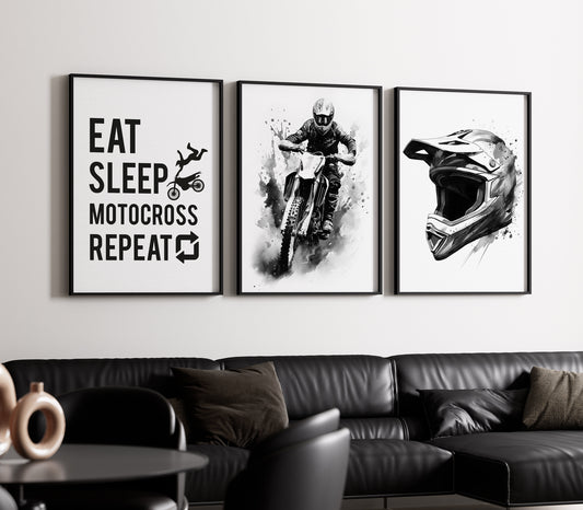 Motocross Wall Art Set of 3, Motocross Prints, Dirt Bike Wall Art, Motorbike Wall Prints, Boys Bedroom Wall Art, Biker Art Gift For Son