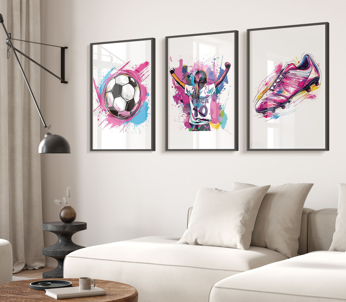 Set of 3 Football Wall Art Prints, Personalised Football Prints, Girls Bedroom Decor Girls Bedroom Football Decor, Football Shirt Name Print