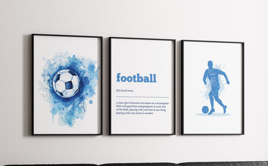 Set of 3 Football Wall Art Prints, Abstract Football Wall Art, Football Gifts, Boys Bedroom Decor, Blue Red Football Prints, Teen Bedroom