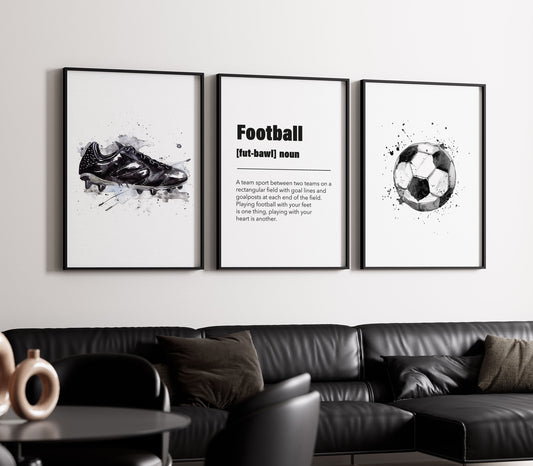 Set of 3 Football Wall Art Prints, Abstract Football Wall Art, Football Gifts, Black Boys Bedroom Decor, Blue Football Prints, Teen Bedroom