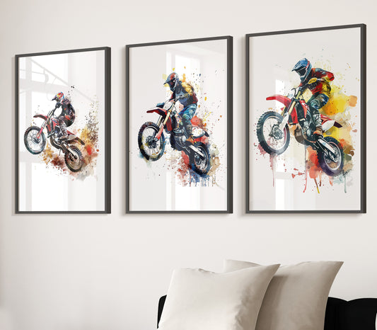 Motocross Wall Art Set of 3, Motocross Prints, Dirt Bike Wall Art, Biker Gifts, Boys Bedroom Decor, Dirt Bike Prints, Man Cave Rider Art