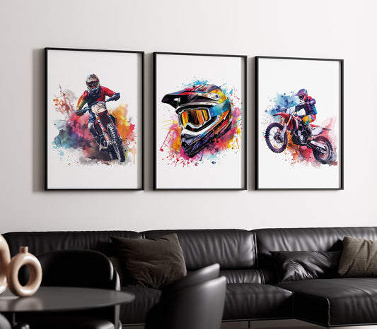 Motocross Prints, Set of 3 Watercolour Dirt Bike Posters, Motorcycle Print, Dirt Bike Wall Art, Motor Bike Artwork, Boys Room Decor,Son Gift